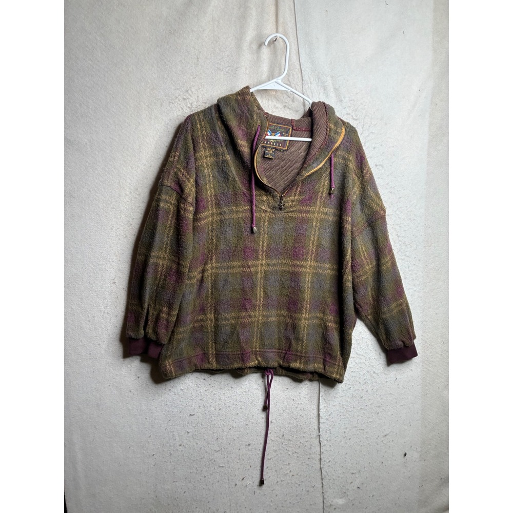 French Country Express Plaid Quarter Zip Hooded Sweater Green Purple Large